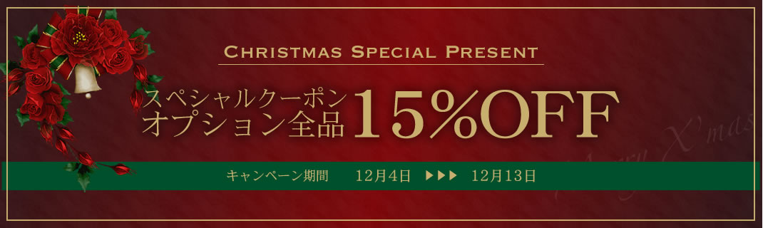 12/4～12/13　期間限定！クリスマススペシャルプレゼント！オプション全品15％OFFになるクーポン発行中！