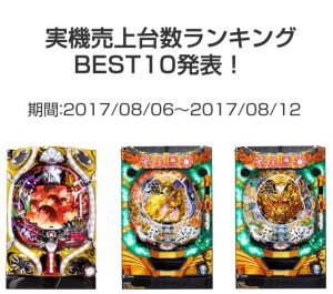 パチンコ実機売上台数ランキングBEST10発表！　期間：2017/08/06～2017/08/12